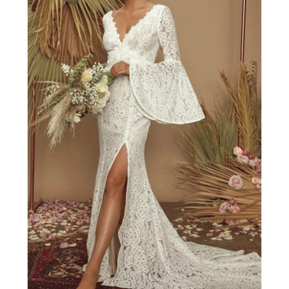 Ivory Lace Bell Sleeve Maxi Wedding Dress